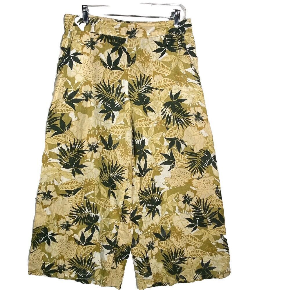 Tahari 100% Linen Cropped Wide Leg Pants Tropical Print Elastic Waist